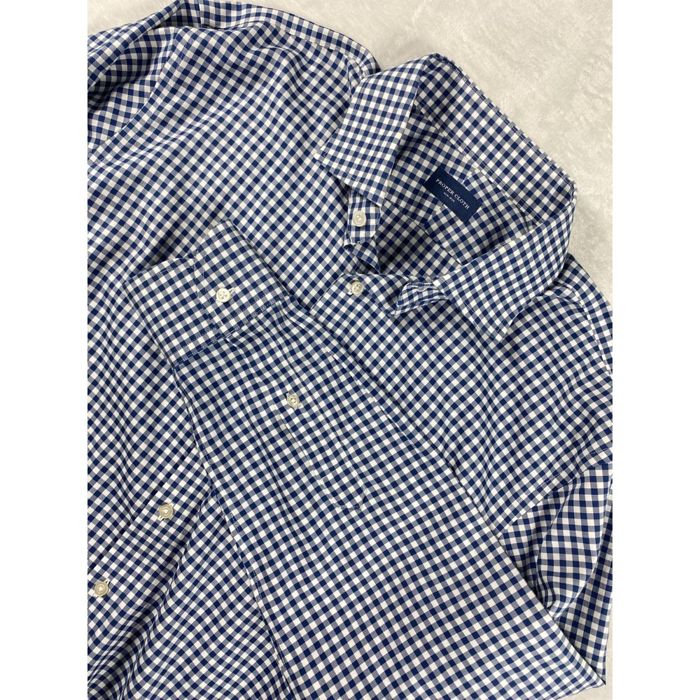 2/$30 Proper Cloth Shirt Sz L 16.5 Blue Gingham Long Sleeve Non-Iron 100% Cotton